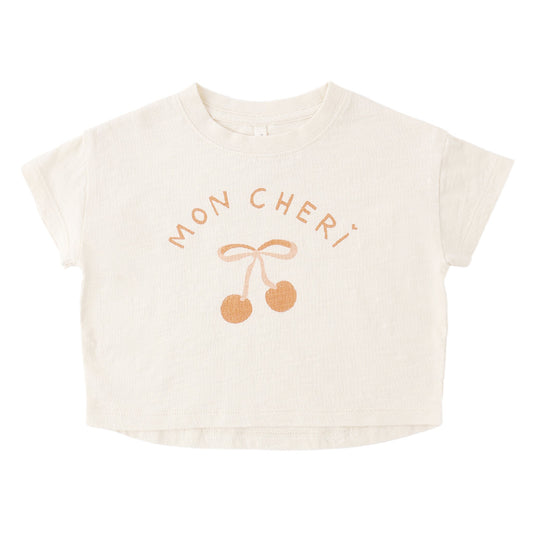 Cream crop top with 'Mon Cheri' and cherry design 