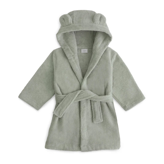 Green children's robe with hood on a white background