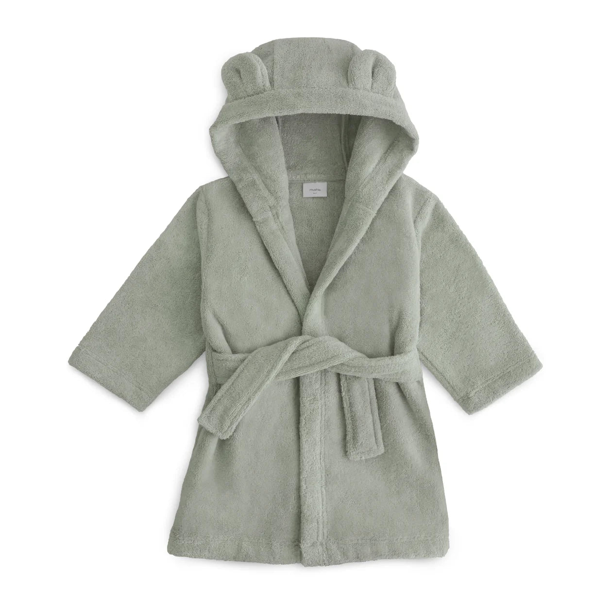 Green children's robe with hood on a white background