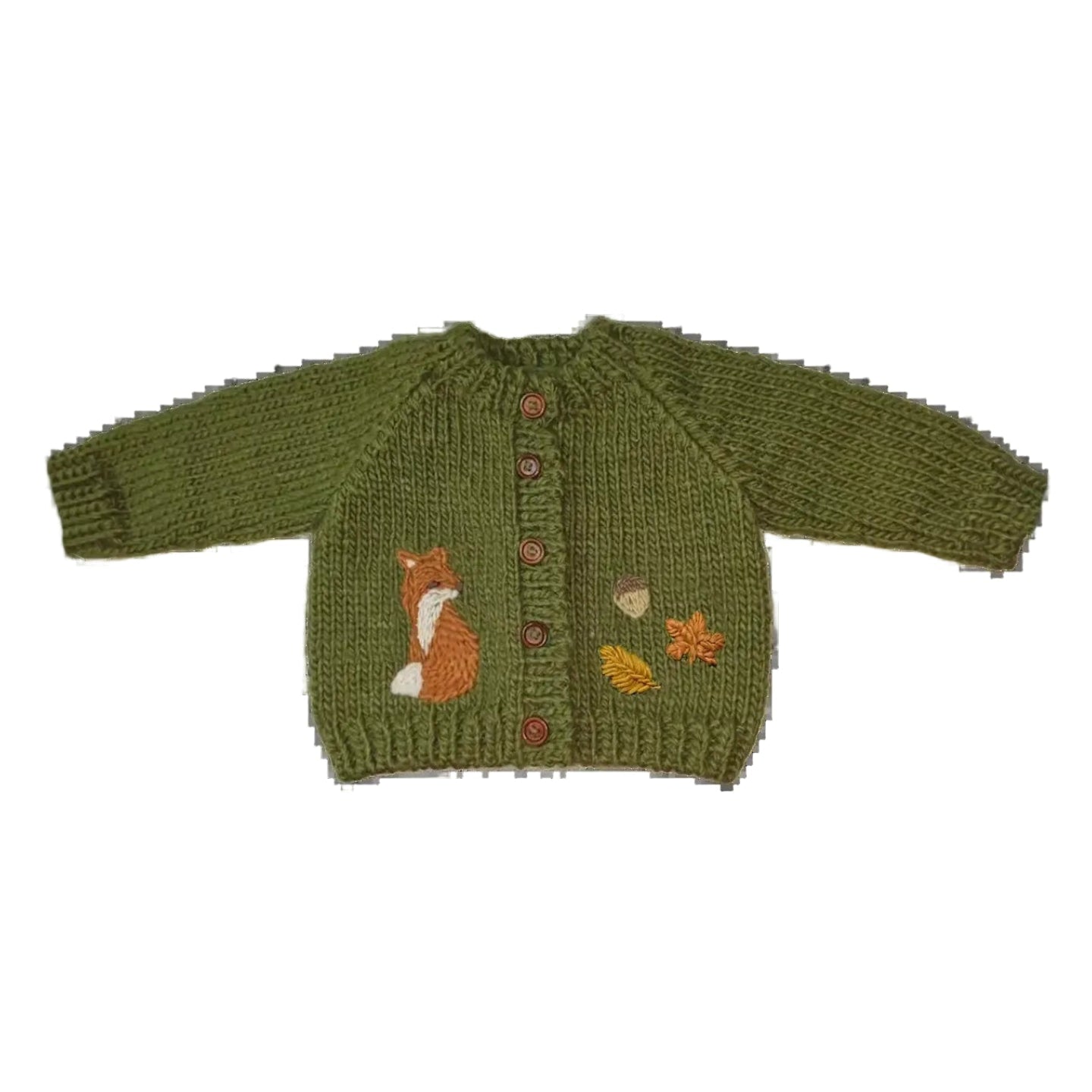 An olive green knit cardigan sweater for small dogs, featuring embroidered details of a fox, acorns, and autumn leaves on the front, with a button-up closure.