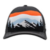 Kids black curved bill hat with mountain design