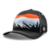 Kids black curved bill hat with mountain design