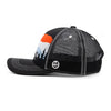 Kids black curved bill hat with mountain design