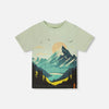 Sage color tee with mountain scene on front