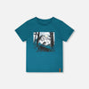 Blue tee with mountain scene and mountain biker silhouette 