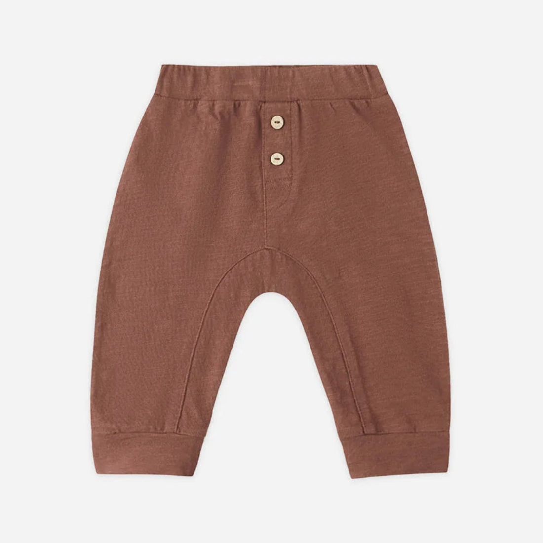 A pair of toddler's brown pants with a buttoned henley waistband, displayed flat against a light gray background.
