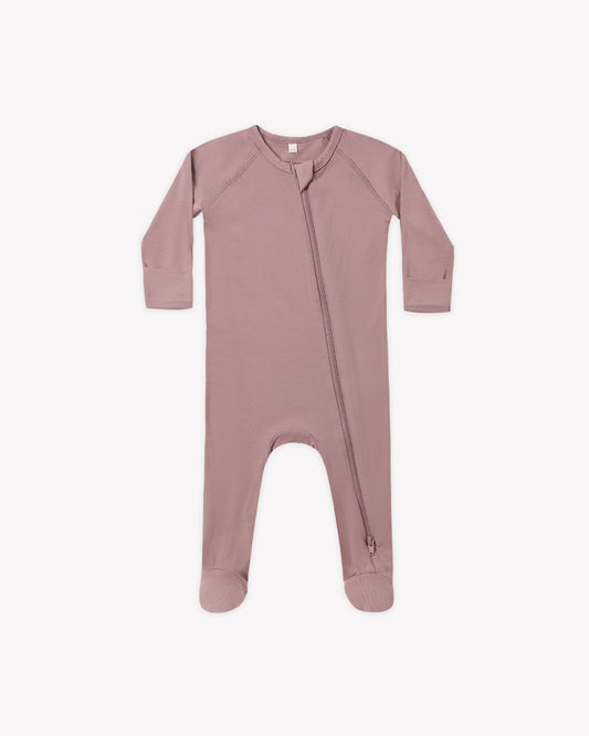 Mulberry Bamboo Zip Footie flat lay - Quincy Mae bamboo footie, mulberry
