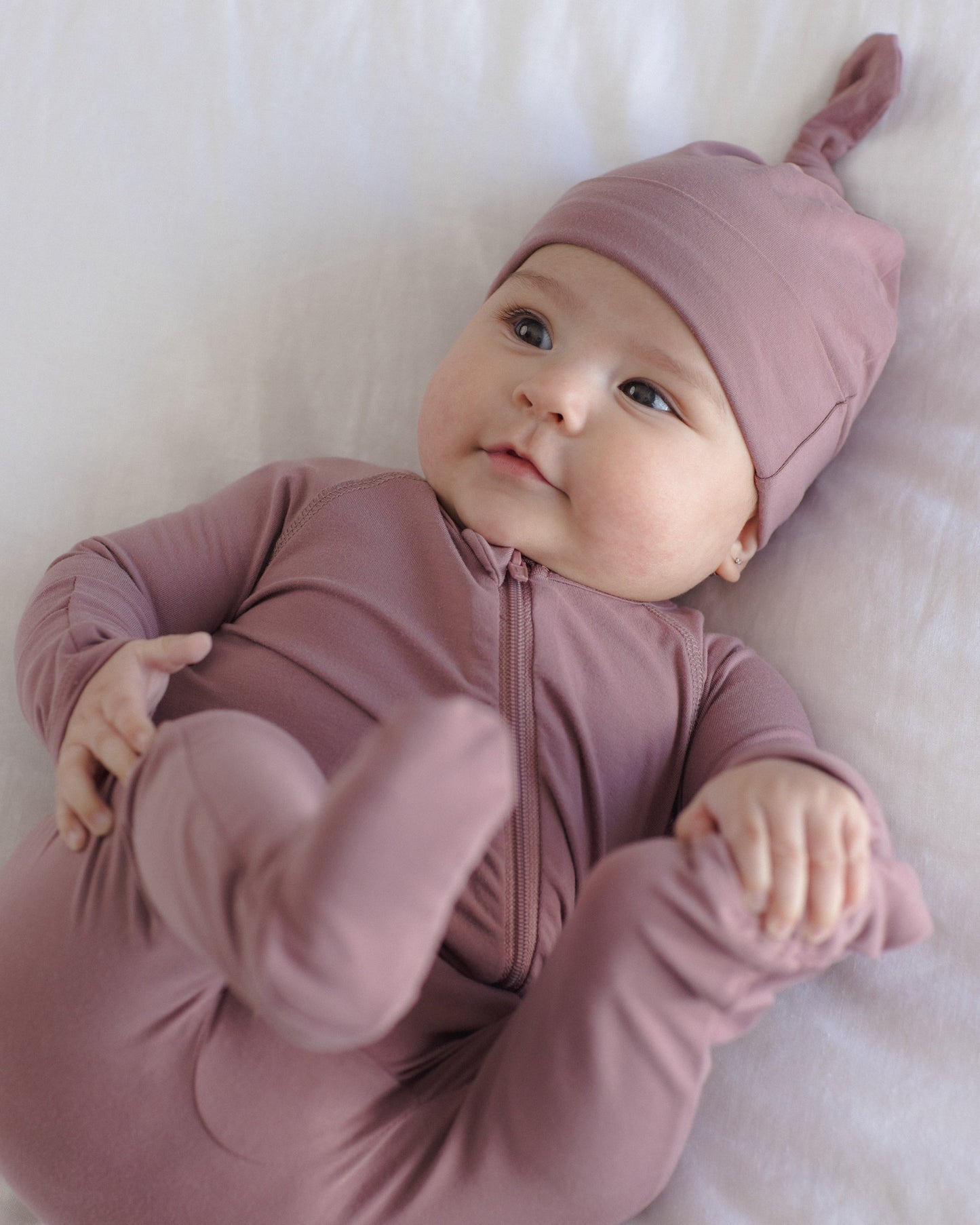 Mulberry Bamboo Zip Footie styled on baby