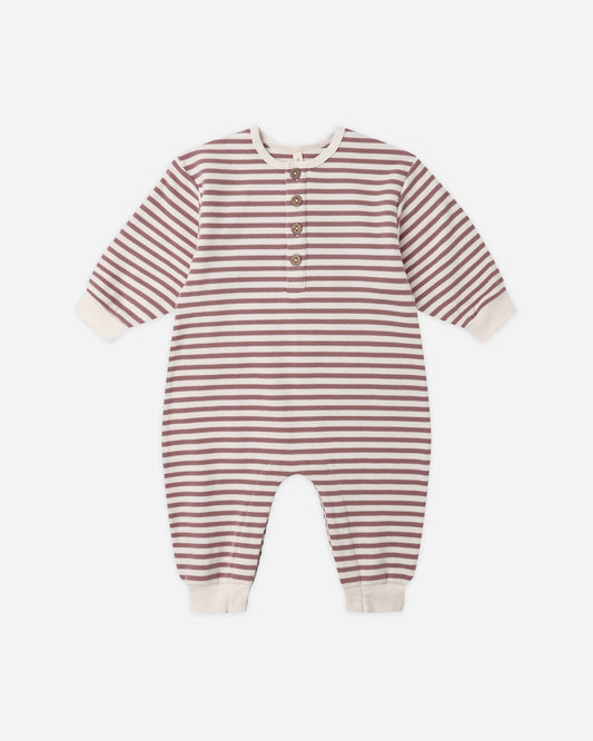 Mulberry Stripe Henley Jumpsuit flat lay - Quincy Mae organic cotton jumpsuit, mulberry stripe