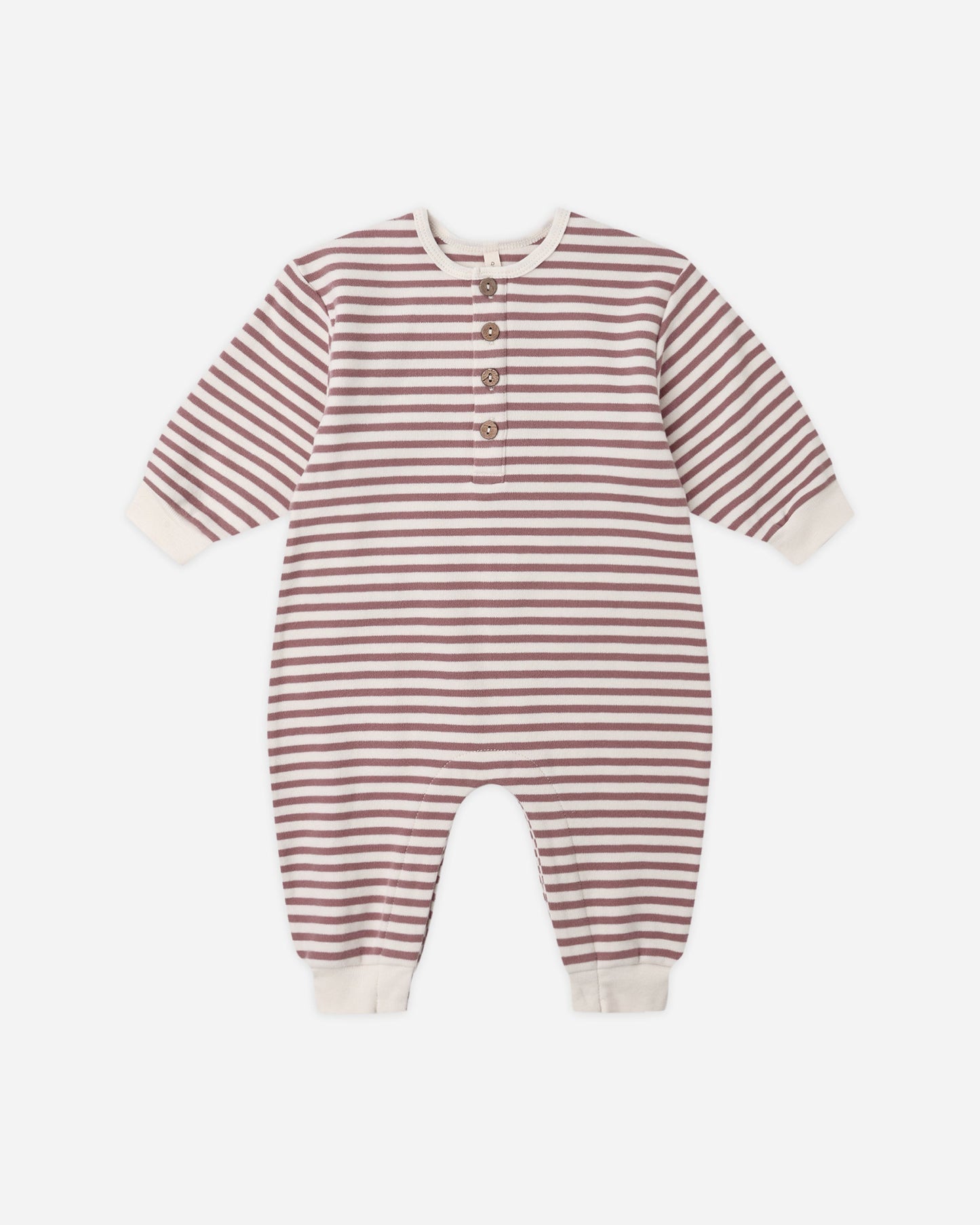 Mulberry Stripe Henley Jumpsuit flat lay - Quincy Mae organic cotton jumpsuit, mulberry stripe