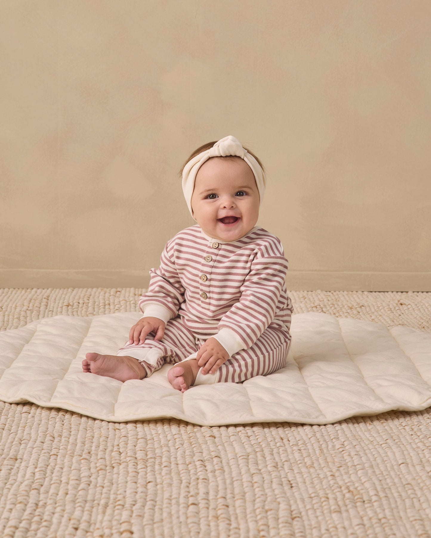 Mulberry Stripe Henley Jumpsuit, studio photo on baby