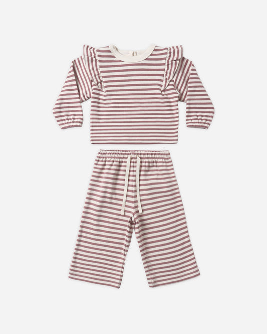 Mulberry Stripe Ruffle Cozy Set flat lay - Quincy Mae organic cotton top and pant set