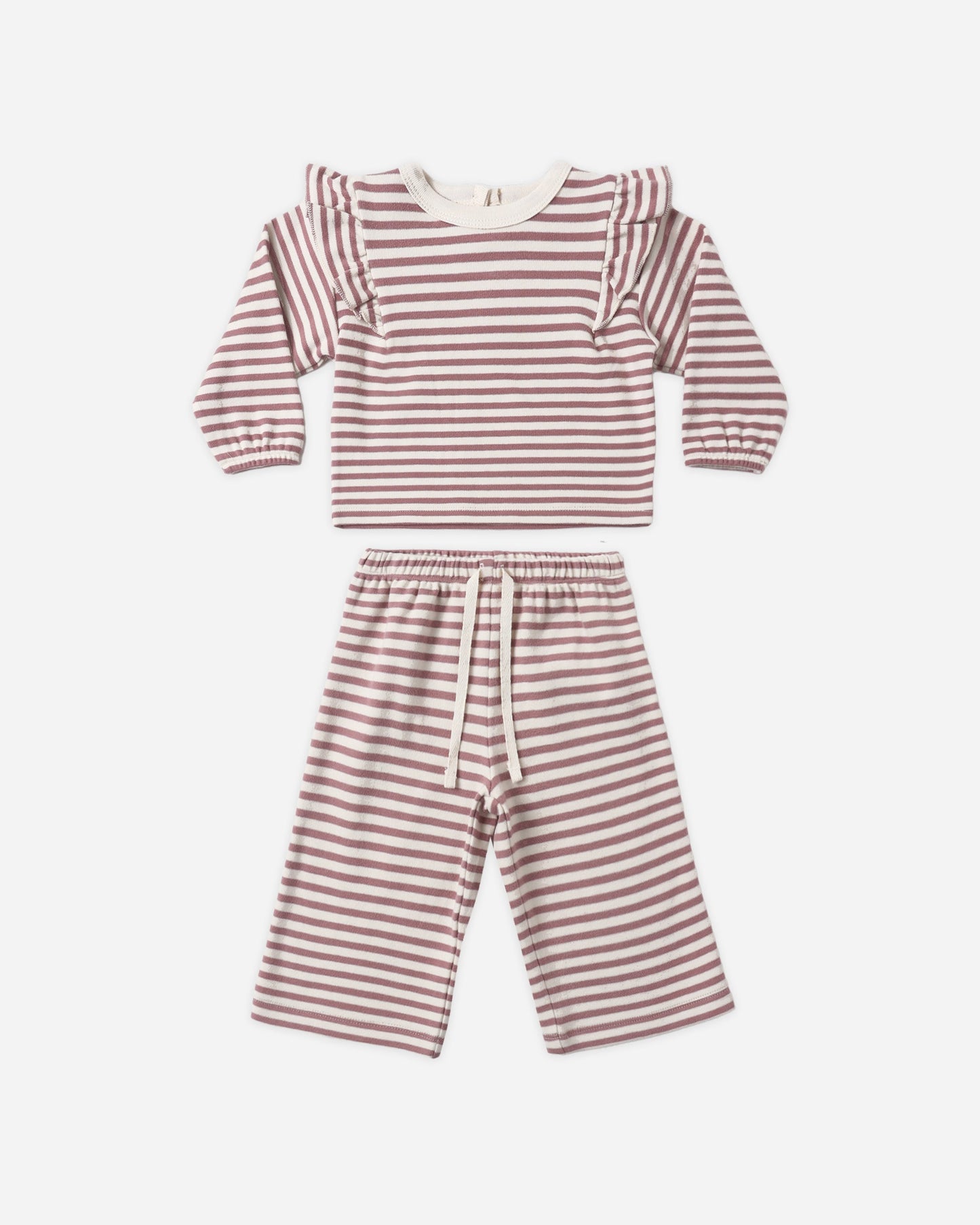 Mulberry Stripe Ruffle Cozy Set flat lay - Quincy Mae organic cotton top and pant set