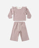 Mulberry Stripe Ruffle Cozy Set flat lay - Quincy Mae organic cotton top and pant set