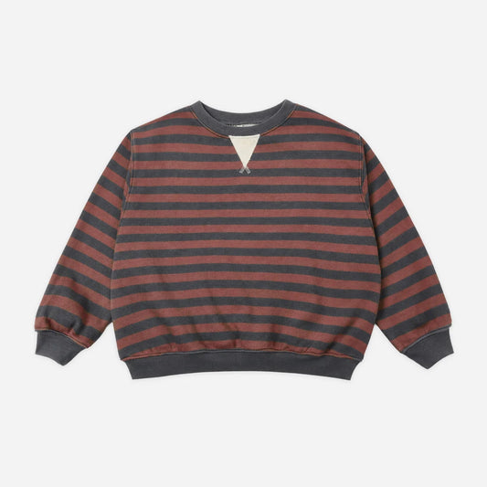 A long-sleeve crewneck sweatshirt with horizontal rust red and dark gray stripes, featuring a small V-shaped cutout at the center of the neckline and ribbed cuffs and hem, shown flat on a light gray background.