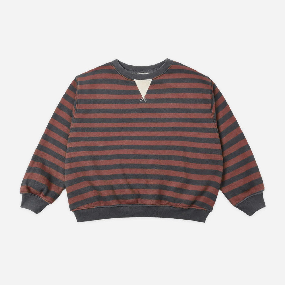 A long-sleeve crewneck sweatshirt with horizontal rust red and dark gray stripes, featuring a small V-shaped cutout at the center of the neckline and ribbed cuffs and hem, shown flat on a light gray background.