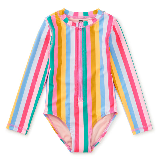 Multicolored striped swimsuit with long sleeves on a white background