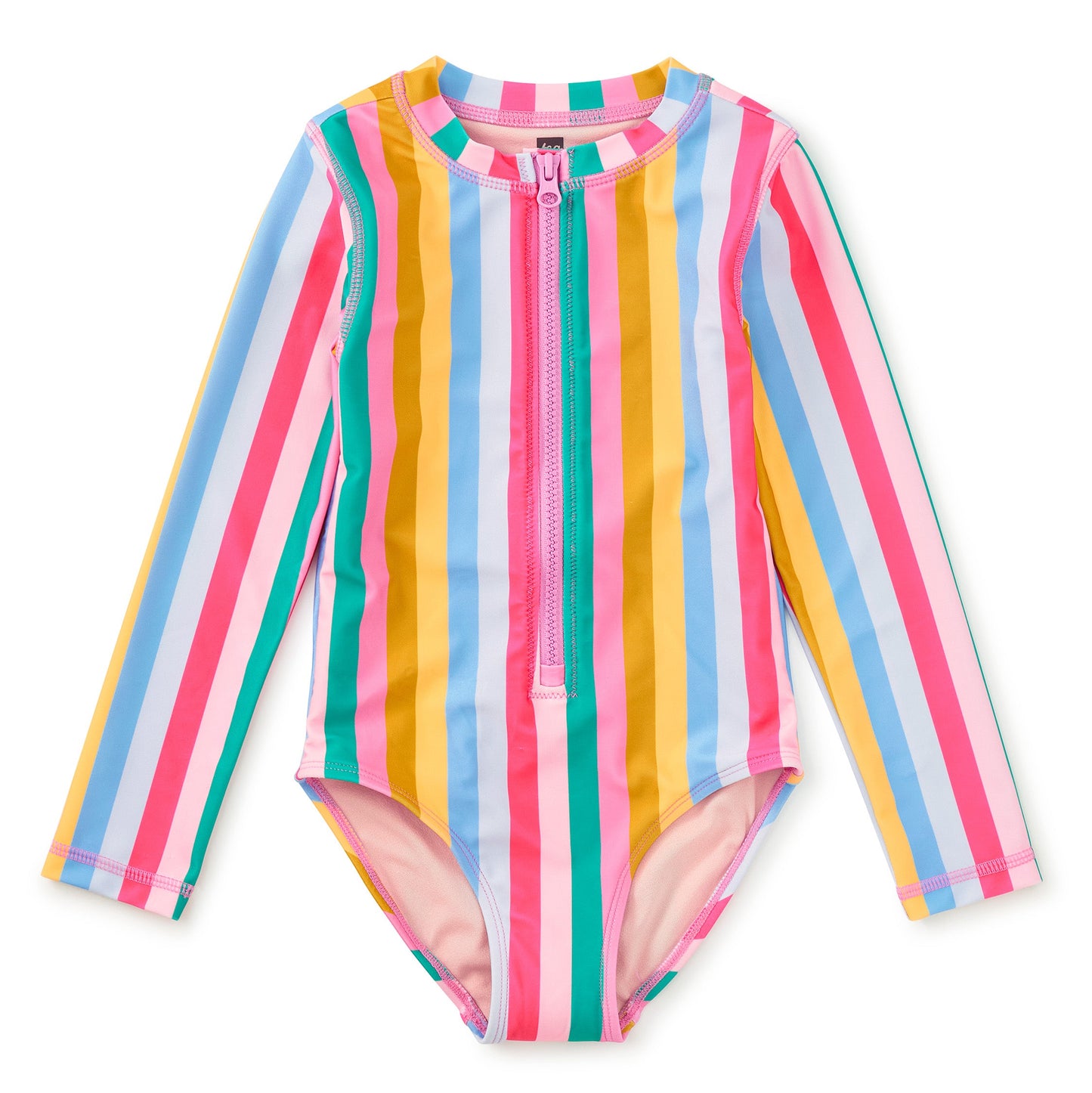 Multicolored striped swimsuit with long sleeves on a white background
