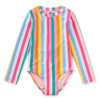 Multicolored striped swimsuit with long sleeves on a white background