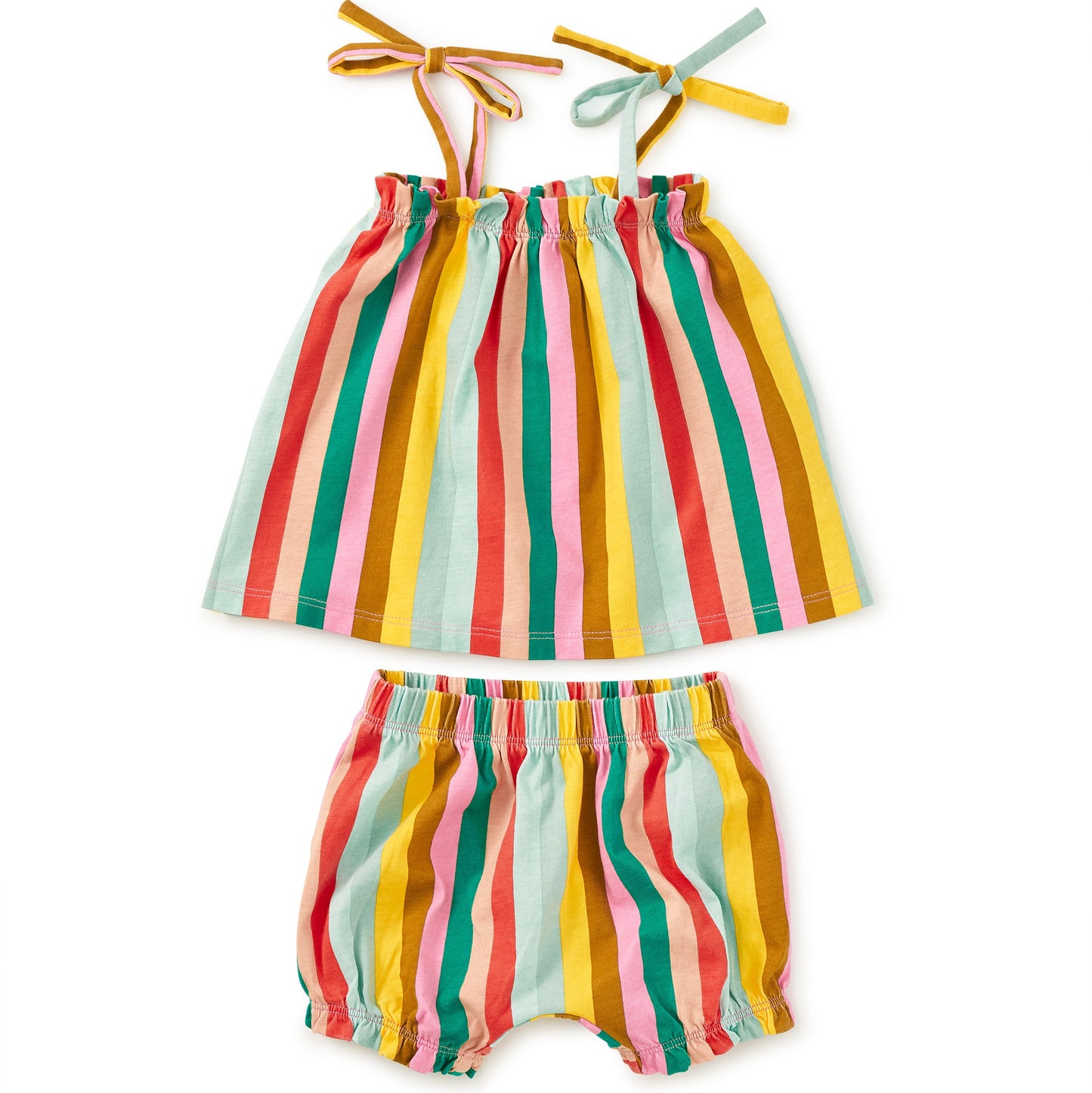 Colorful striped baby's top and shorts set on a white background