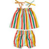 Colorful striped baby's top and shorts set on a white background