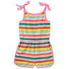 Colorful striped romper with pink straps on a white background