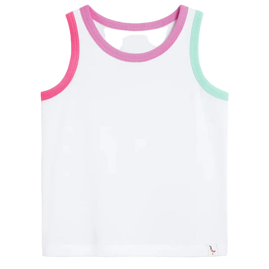 White tank top with pink and green trim