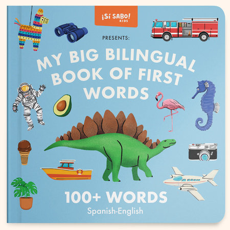 Children's bilingual book with illustrations of a dinosaur, flamingo, and other objects on a blue background.