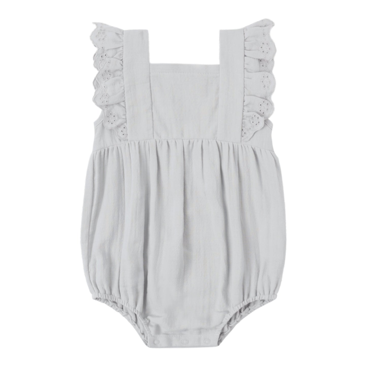 Light blue baby romper with ruffled strapped details.