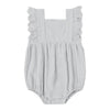 Light blue baby romper with ruffled strapped details.