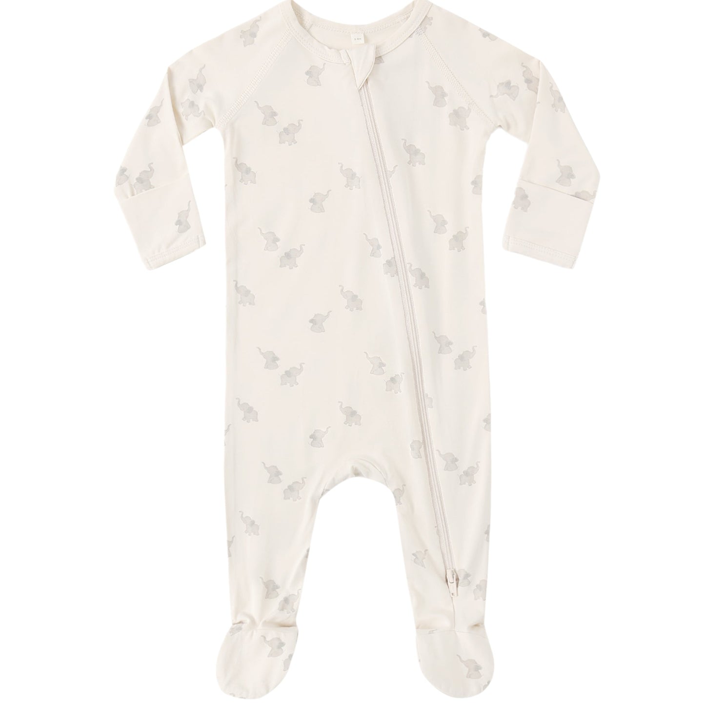 Baby footie with an elephant pattern and zip closuer
