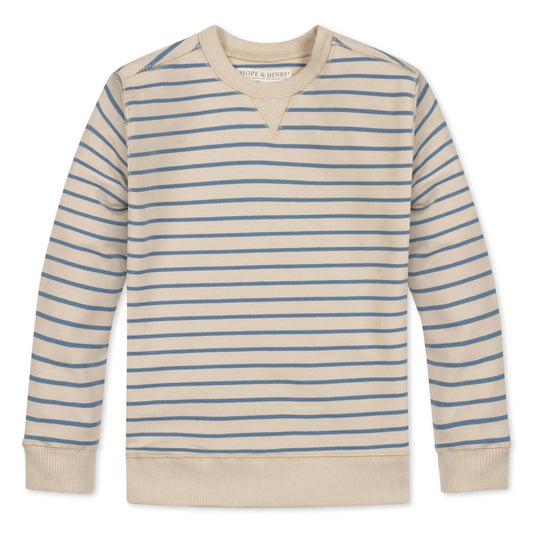 A long-sleeve crewneck sweatshirt with horizontal blue stripes on a cream-colored base, featuring ribbed cuffs and hem, shown flat on a white background.