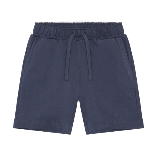 Navy blue shorts with an elastic waistband on a white background