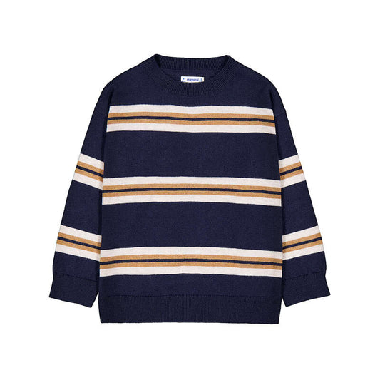 A navy blue crewneck sweater with horizontal stripes in beige, white, and light brown, displayed flat against a white background.