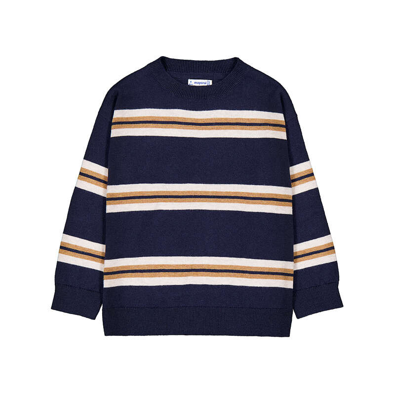 A navy blue crewneck sweater with horizontal stripes in beige, white, and light brown, displayed flat against a white background.