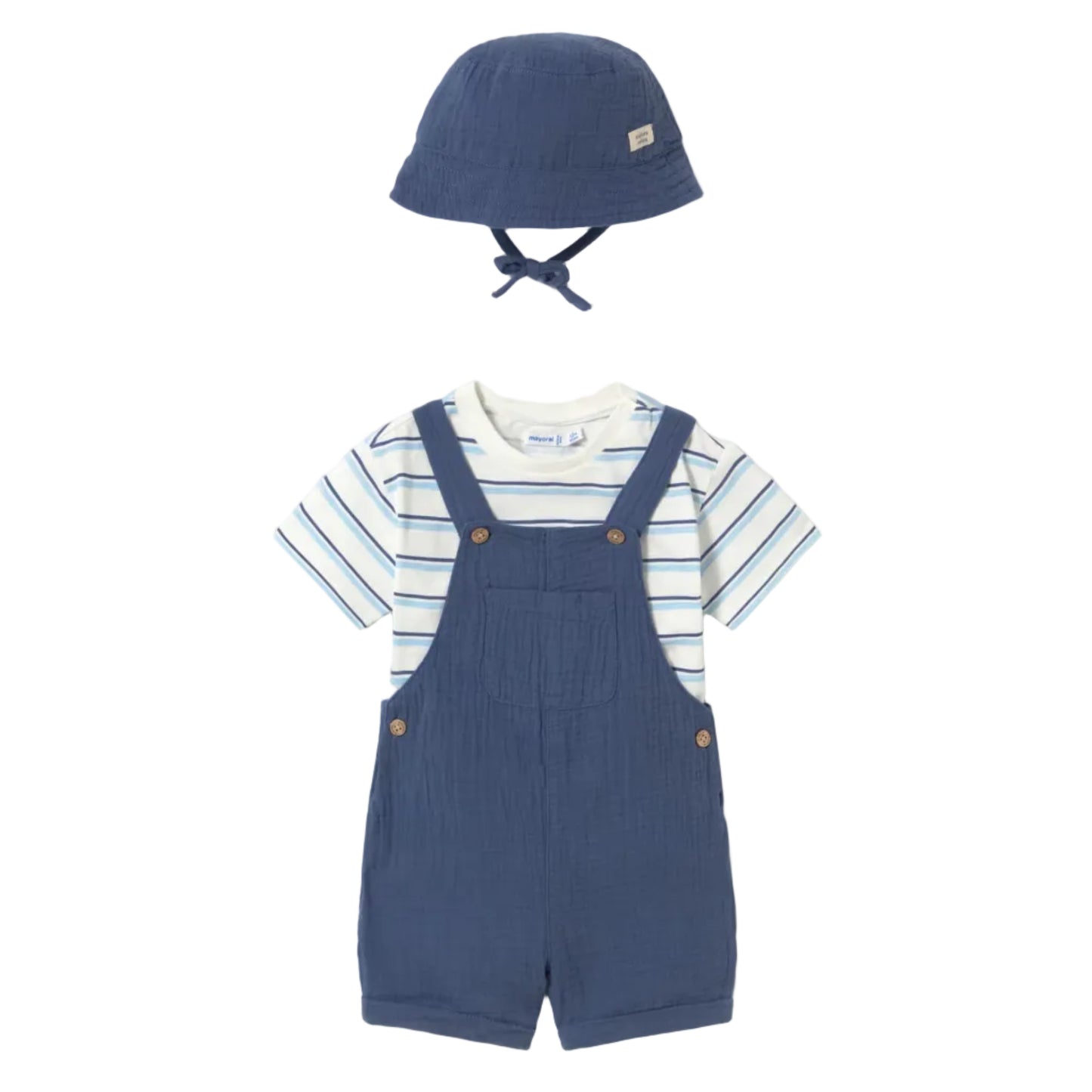 denim overalls with striped tee and denim bucket hat set