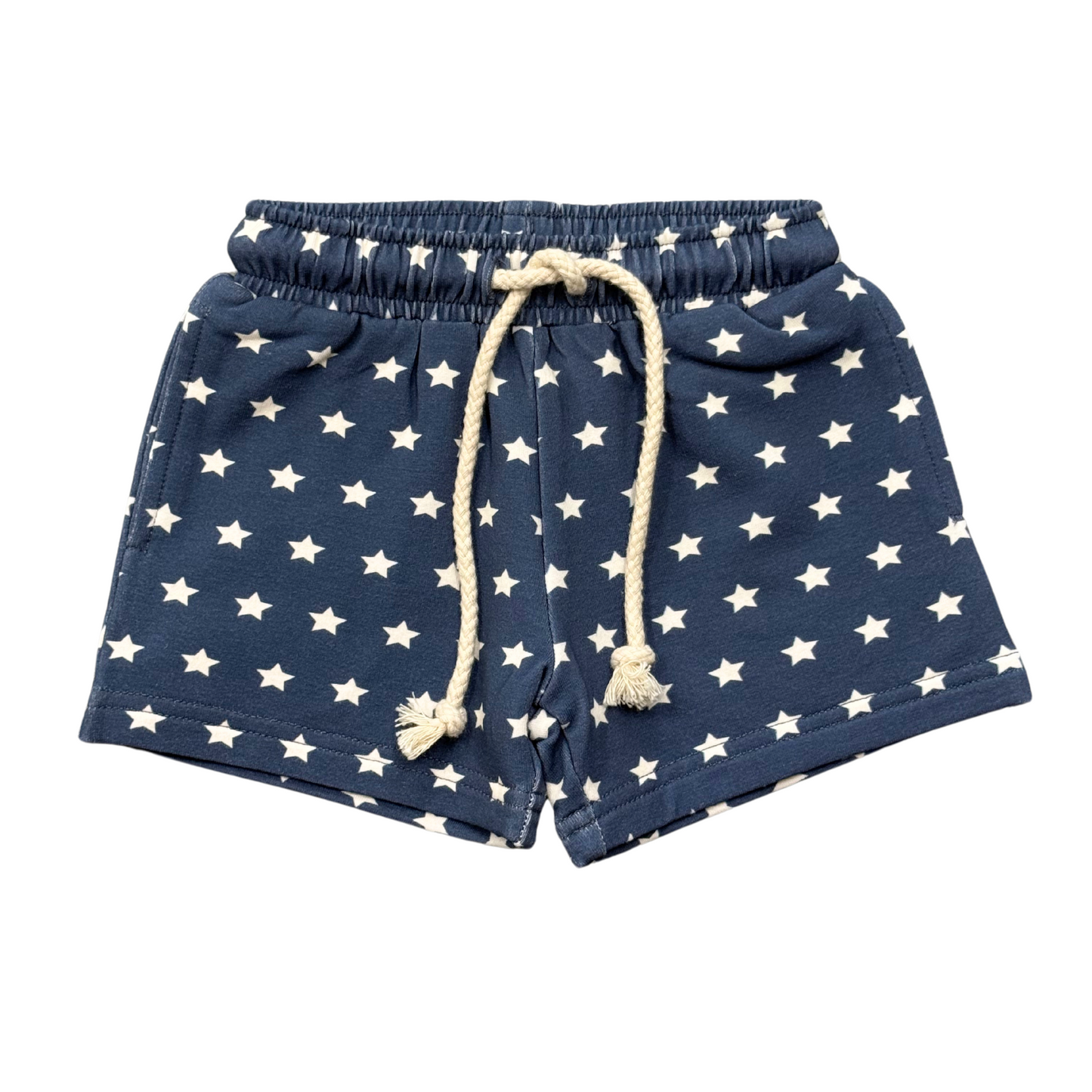 Navy blue shorts with white star pattern and drawstring on a white background