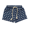 Navy blue shorts with white star pattern and drawstring on a white background