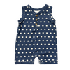 Navy blue romper with white star pattern on a white background
