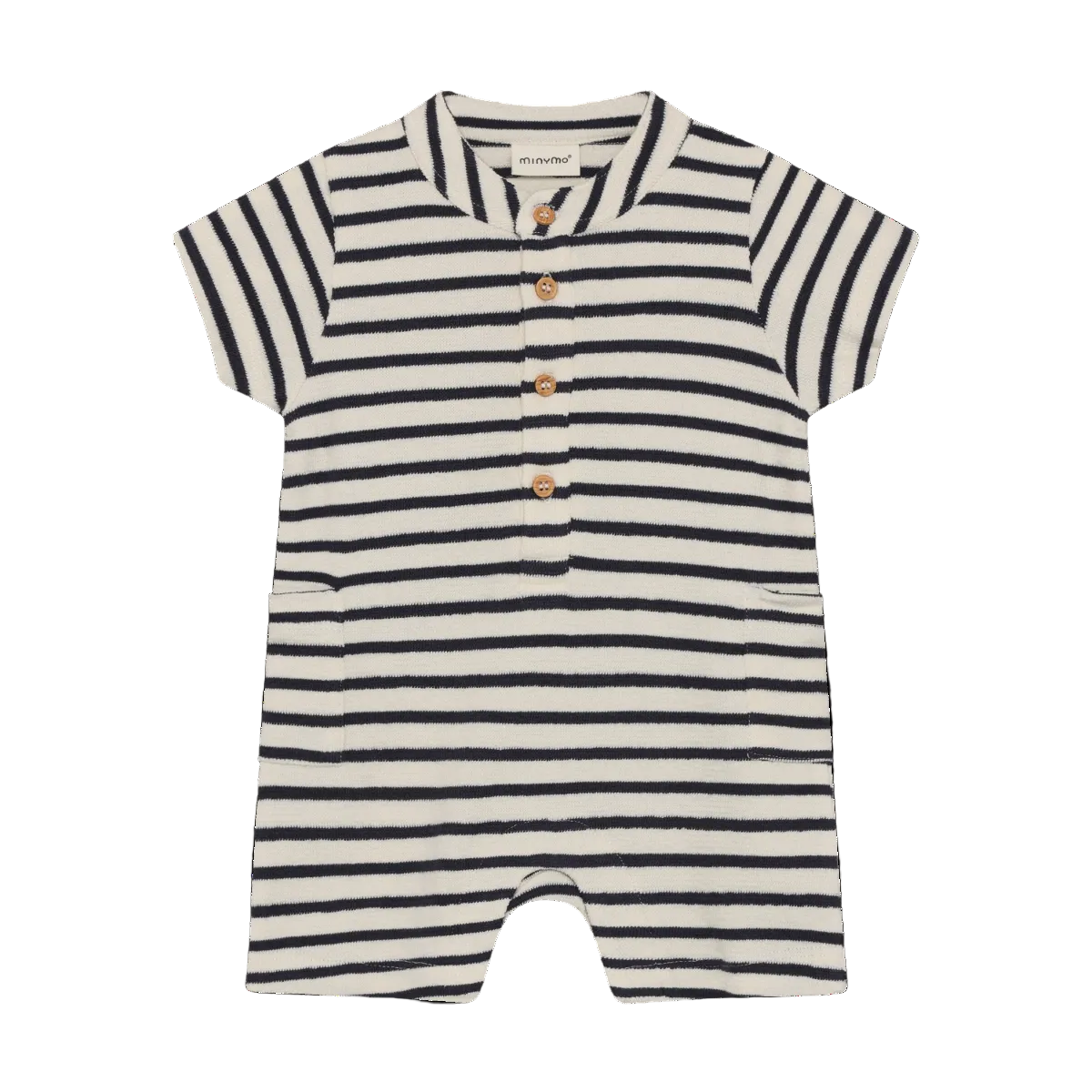 Striped baby romper with button details on a white background