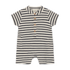 Striped baby romper with button details on a white background