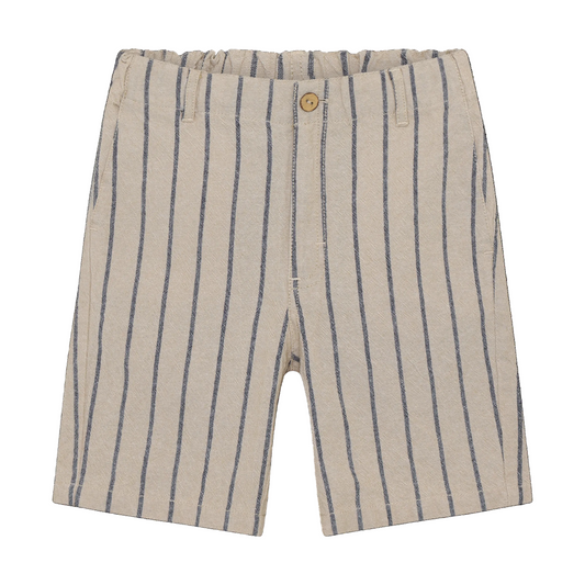 Beige shorts with blue vertical stripes on a white background