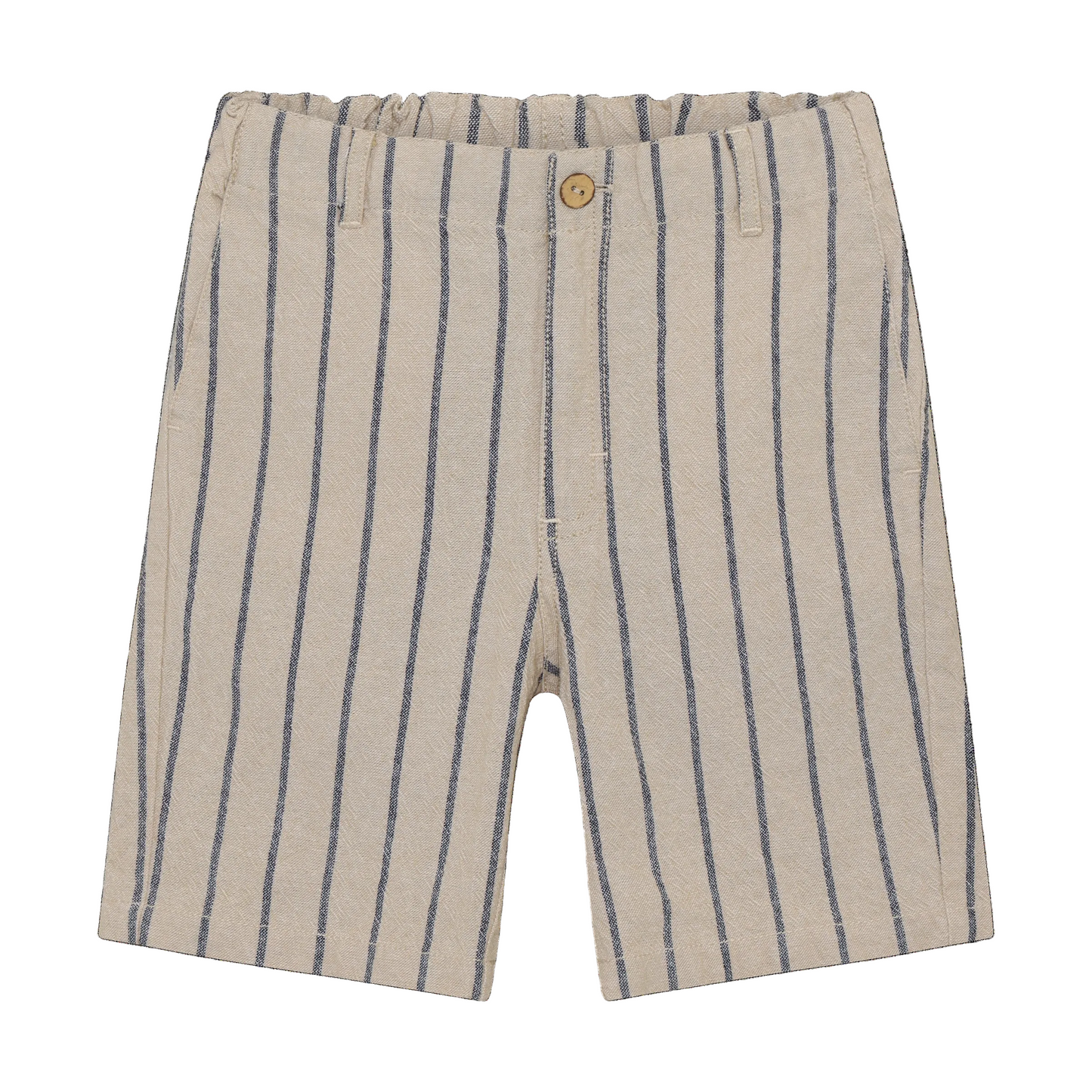 Beige shorts with blue vertical stripes on a white background