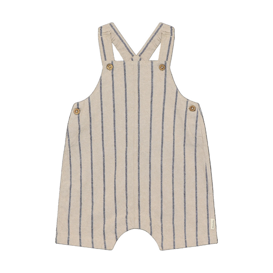 Striped overalls with button details on a white background
