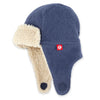 Blue winter hat with beige earflaps on a white background