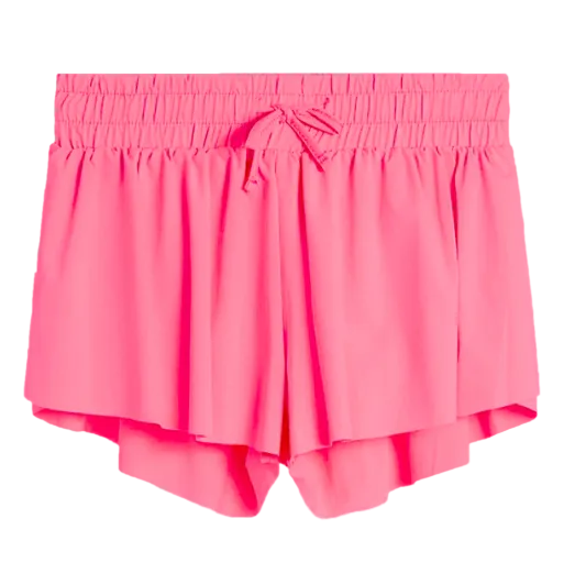 A pair of neon coral fly-away shorts with an elastic waistband and pleated design.