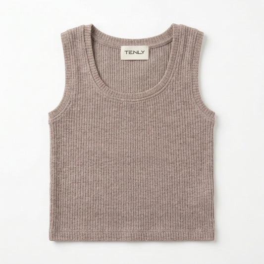 A sleeveless ribbed knit top in a taupe-brown color, laid flat on a white surface. The brand name 'TODL' is visible on the inner neck label.