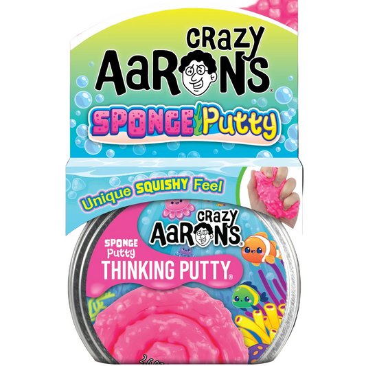 Crazy Aaron's Sponge Putty packaging with pink putty inside a clear container.