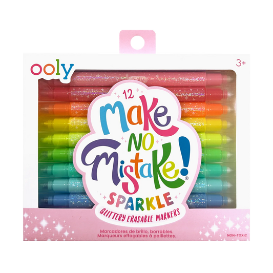 Pack of Oolly make no mistake sparkle glittery erasable markers with colorful design 