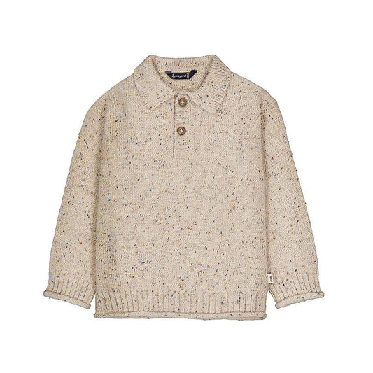 Beige knitted sweater with button collar on a white background